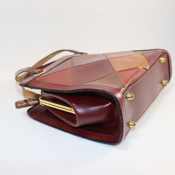 Burlington Patchwork Leather Satchel Red Brown Tan Vintage Style Kiss Lock - Picture 4 of 6